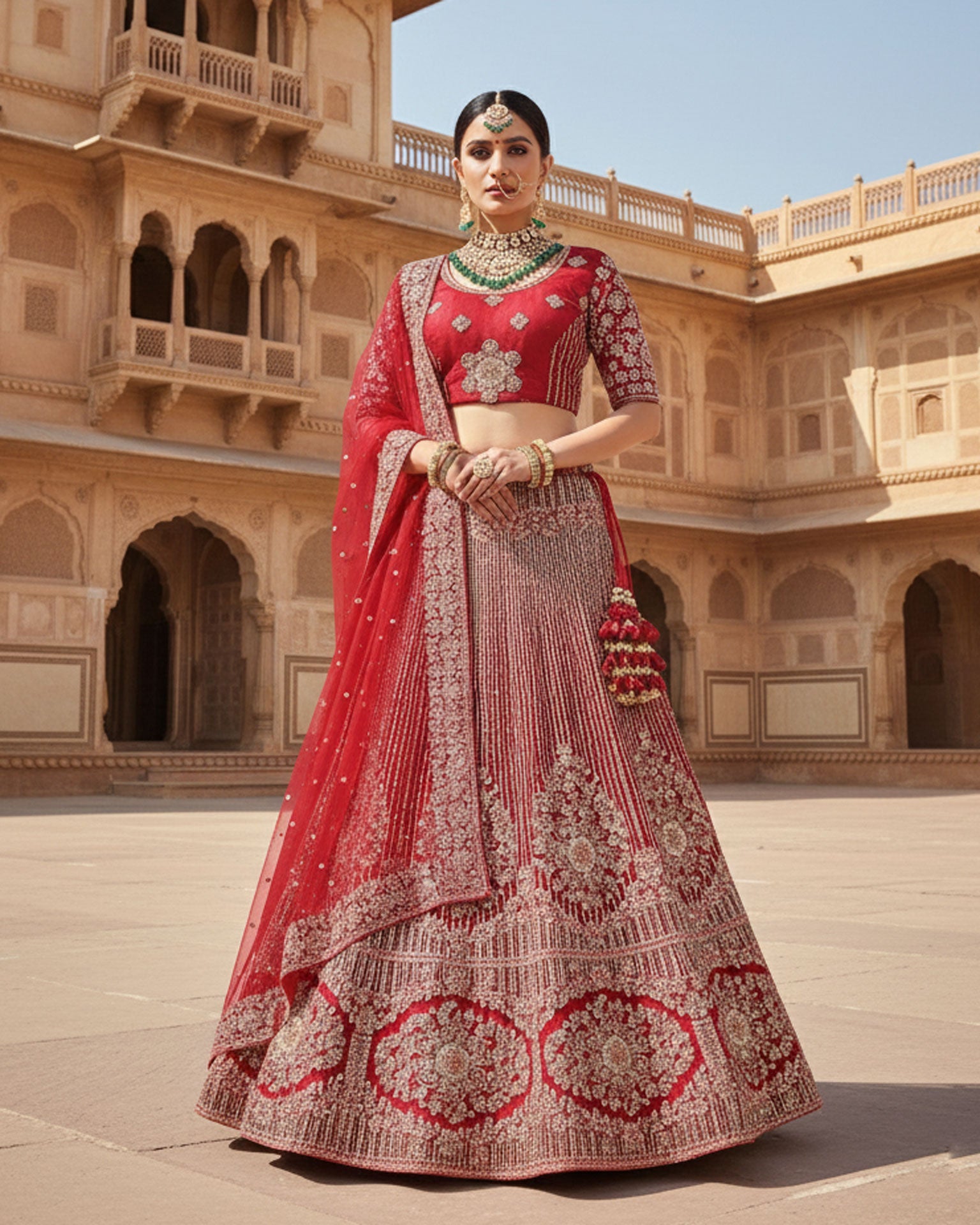 Maroon Velvet Embroidered Unstitched Women Bridal Lehenga Choli & Embroidered Net Dupatta