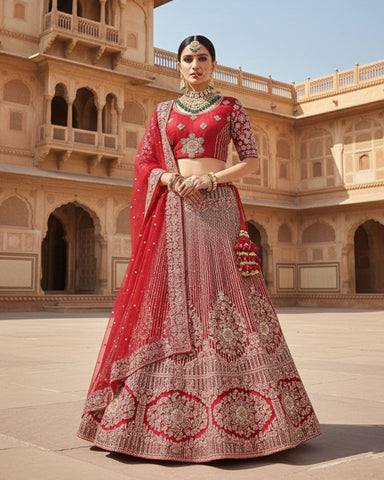 Maroon Velvet Embroidered Unstitched Women Bridal Lehenga Choli & Embroidered Net Dupatta