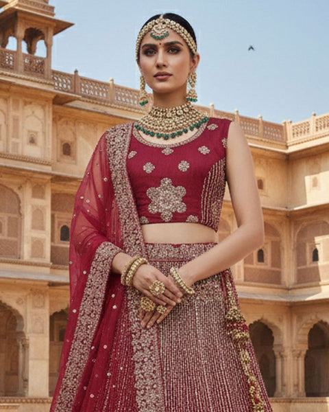 Wine Velvet Embroidered Unstitched Women Bridal Lehenga Choli & Embroidered Net Dupatta