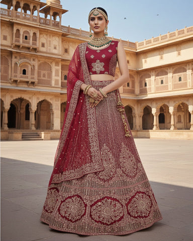 Wine Velvet Embroidered Unstitched Women Bridal Lehenga Choli & Embroidered Net Dupatta