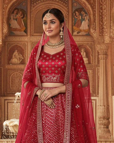 Maroon Velvet Embroidered Unstitched Women Bridal Lehenga Choli & Embroidered Net Dupatta