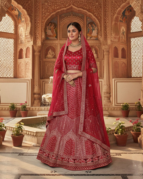Maroon Velvet Embroidered Unstitched Women Bridal Lehenga Choli & Embroidered Net Dupatta