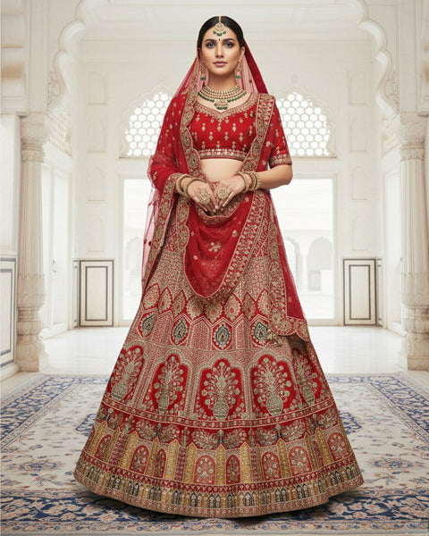 Red Velvet Embroidered Unstitched Women Bridal Lehenga Choli & Red Embroidered Net Dupatta