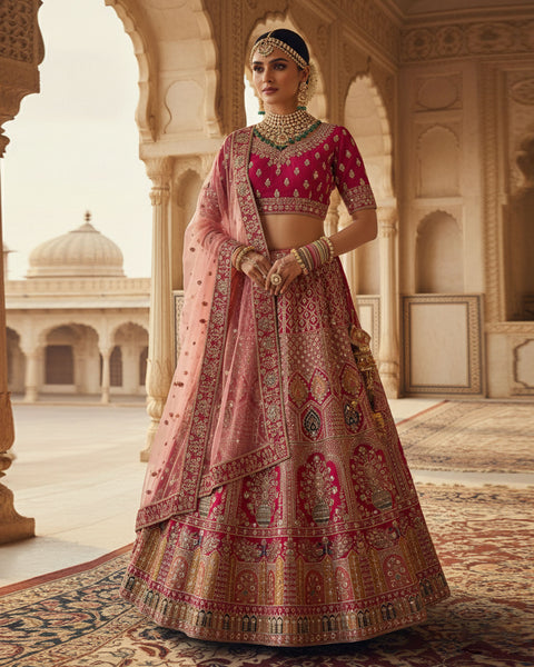 Pink Velvet Embroidered Unstitched Women Bridal Lehenga Choli & Pink Embroidered Net Dupatta