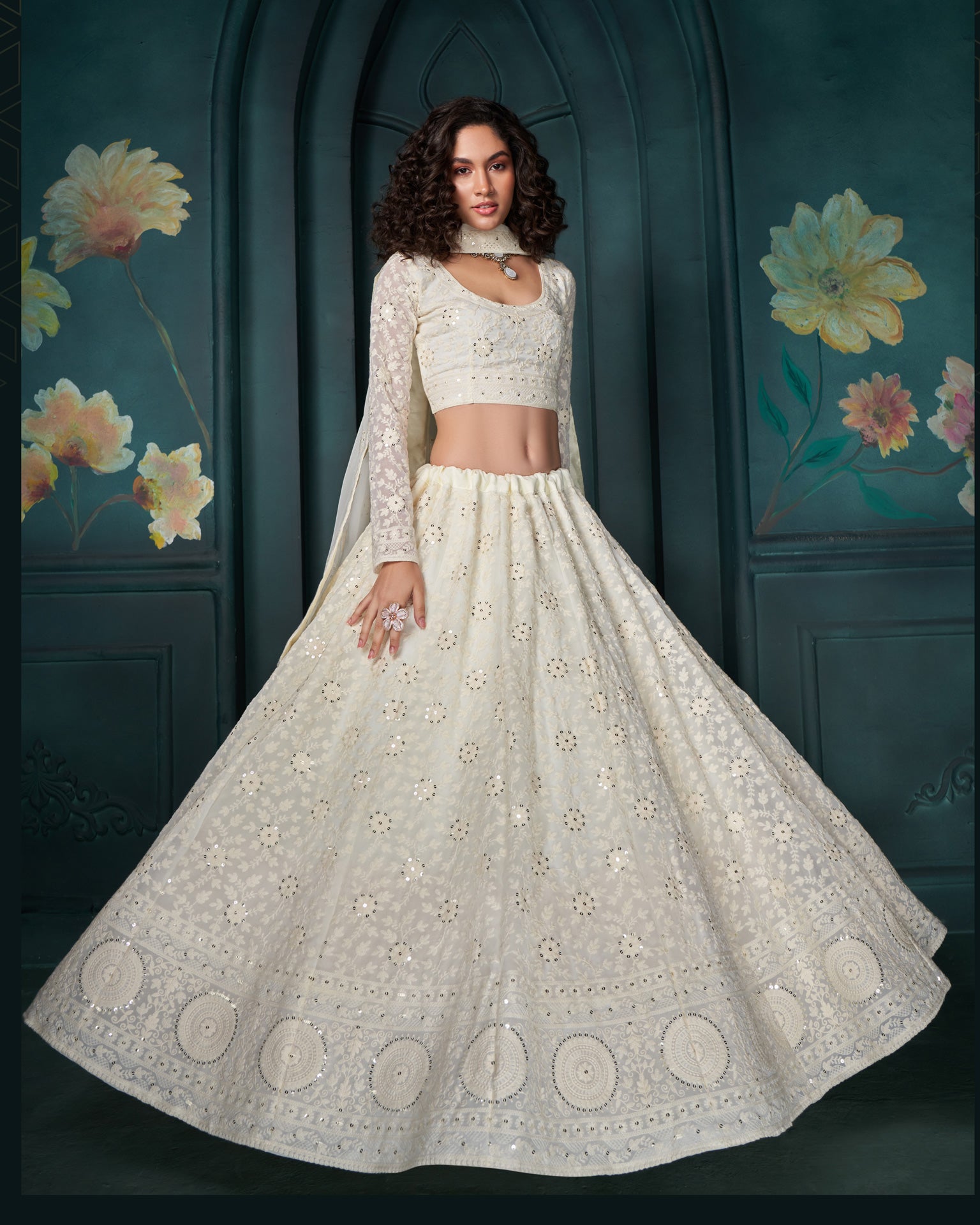 Off White Georgette Unstitched Cording & Sequins Work Embroidered Lehenga Choli For Women Girls