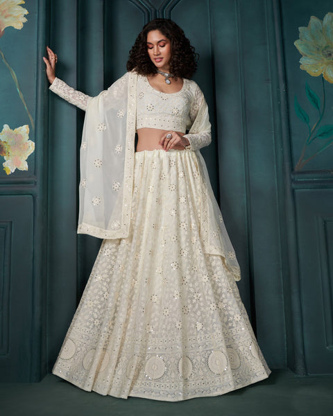 Off White Georgette Unstitched Cording & Sequins Work Embroidered Lehenga Choli For Women Girls