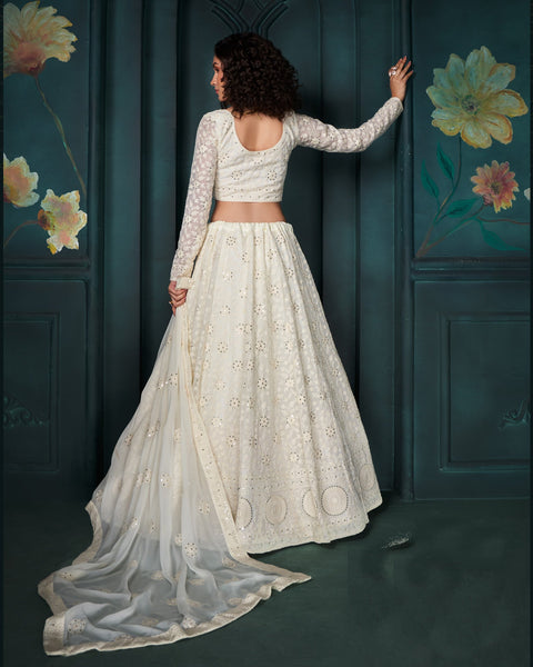 Off White Georgette Unstitched Cording & Sequins Work Embroidered Lehenga Choli For Women Girls