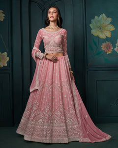 Pink Georgette Unstitched Cording & Sequins Work Embroidered Lehenga Choli For Women Girls