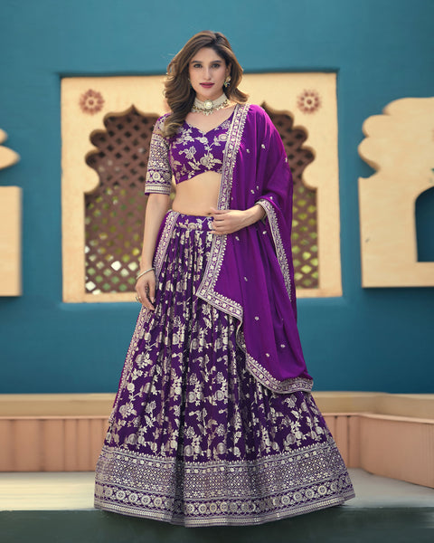 Purple Dola Silk Jacquard Sequins Work Unstitched Women Wedding Lehenga Choli