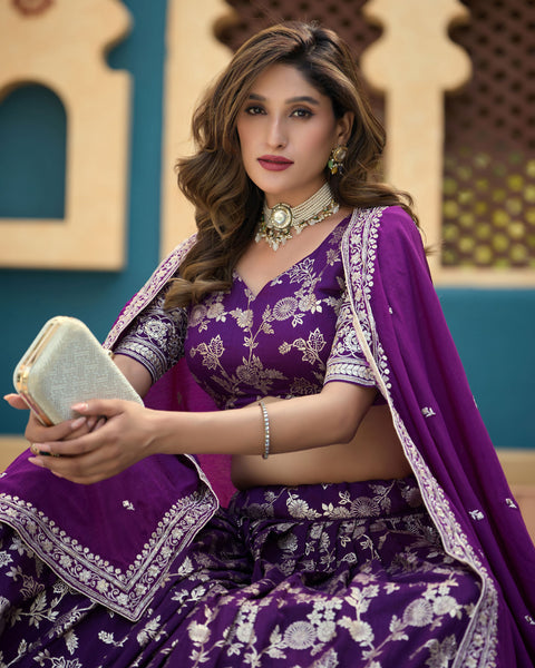 Purple Dola Silk Jacquard Sequins Work Unstitched Women Wedding Lehenga Choli