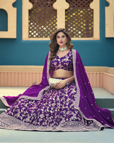 Purple Dola Silk Jacquard Sequins Work Unstitched Women Wedding Lehenga Choli