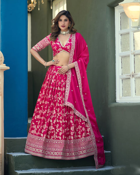 Pink Dola Silk Jacquard Sequins Work Unstitched Women Wedding Lehenga Choli