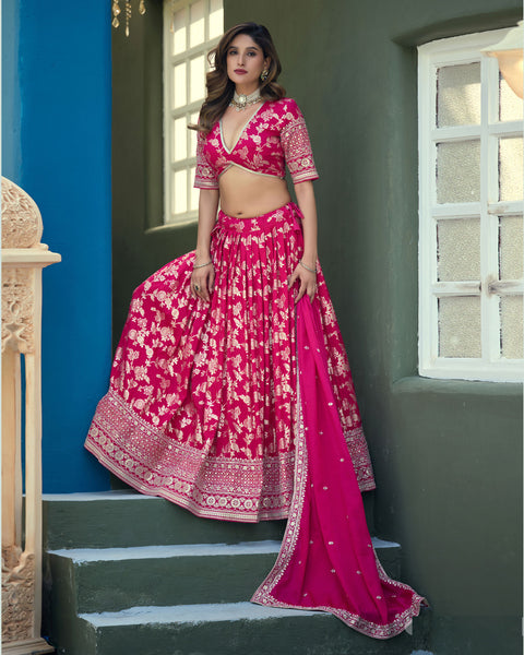 Pink Dola Silk Jacquard Sequins Work Unstitched Women Wedding Lehenga Choli