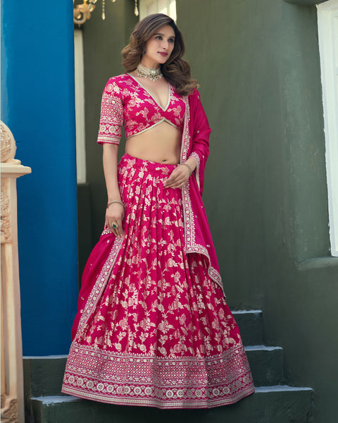 Pink Dola Silk Jacquard Sequins Work Unstitched Women Wedding Lehenga Choli