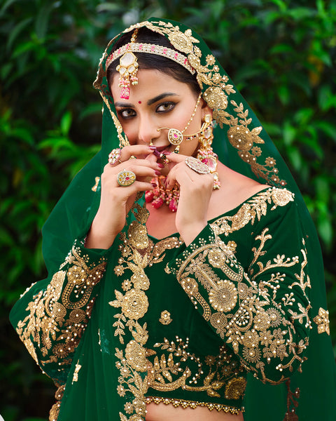 Green Velvet Bridal Lehenga With Long Choli & Embroidered Net Dupatta