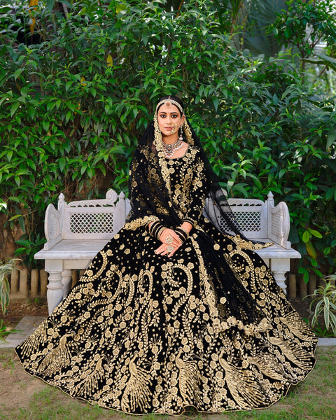 Black Velvet Bridal Lehenga With Long Choli & Embroidered Net Dupatta