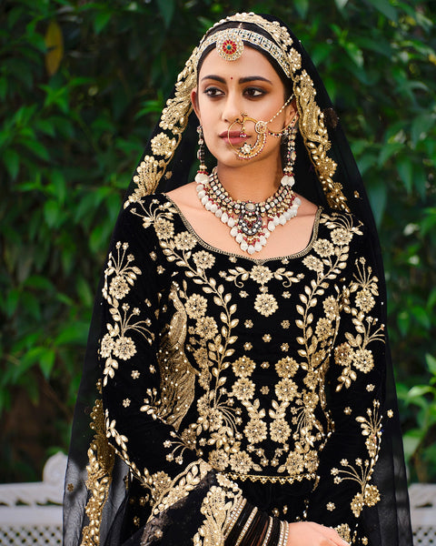 Black Velvet Bridal Lehenga With Long Choli & Embroidered Net Dupatta