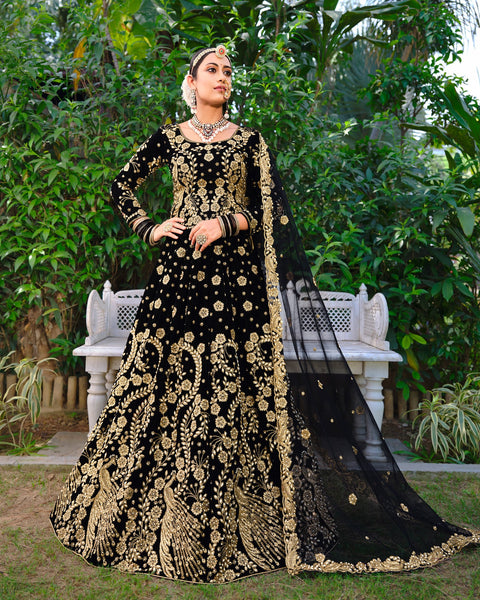 Black Velvet Bridal Lehenga With Long Choli & Embroidered Net Dupatta