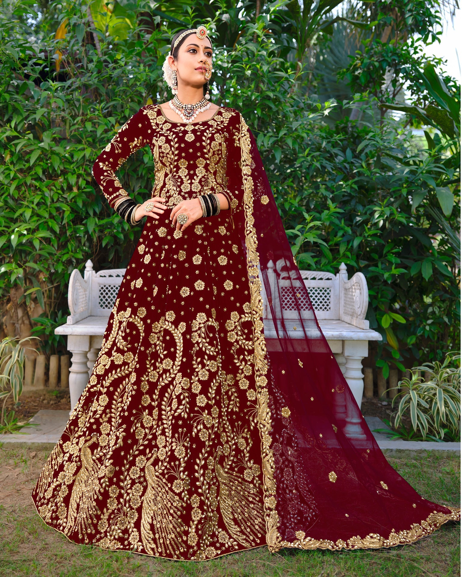 Maroon Velvet Bridal Lehenga With Long Choli & Embroidered Net Dupatta