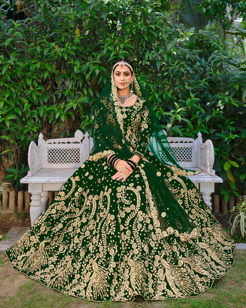 Green Velvet Bridal Lehenga With Long Choli & Embroidered Net Dupatta