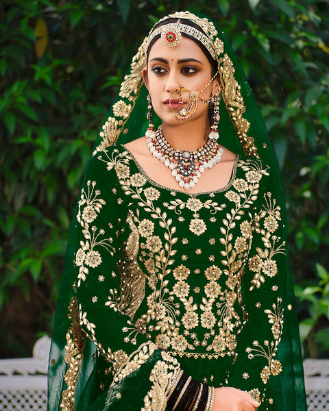 Green Velvet Bridal Lehenga With Long Choli & Embroidered Net Dupatta