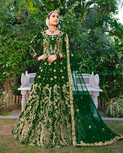 Green Velvet Bridal Lehenga With Long Choli & Embroidered Net Dupatta