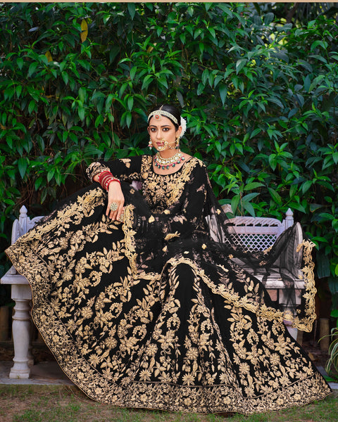 Black Velvet Bridal Lehenga With Long Choli & Embroidered Net Dupatta