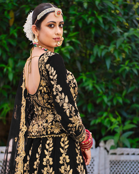 Black Velvet Bridal Lehenga With Long Choli & Embroidered Net Dupatta