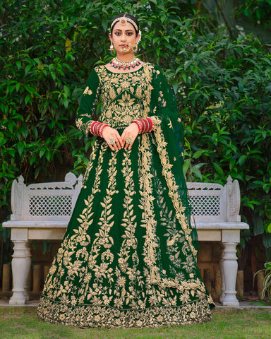 Green Velvet Bridal Lehenga With Long Choli & Embroidered Net Dupatta