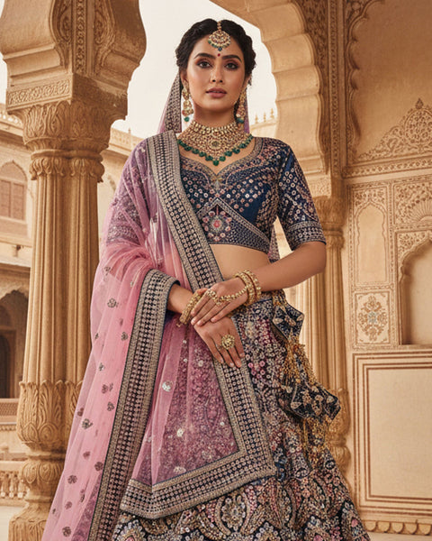 Blue Velvet Embroidered Unstitched Women Bridal Lehenga Choli & Pink Embroidered Net Dupatta