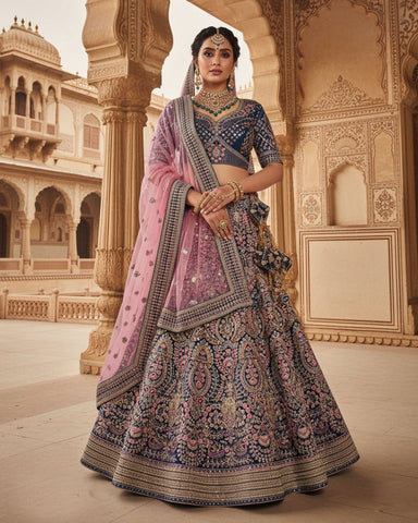 Blue Velvet Embroidered Unstitched Women Bridal Lehenga Choli & Pink Embroidered Net Dupatta