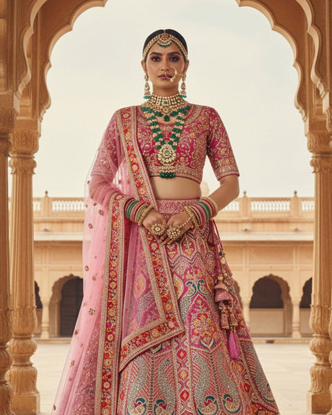 Pink Velvet Embroidered Unstitched Women Bridal Lehenga Choli & Pink Embroidered Net Dupatta