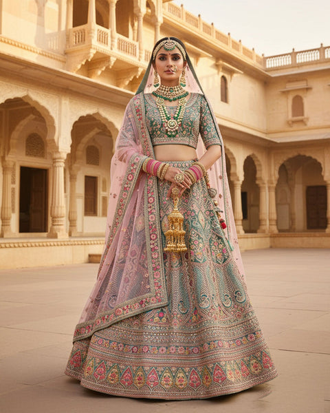 Green Velvet Embroidered Unstitched Women Bridal Lehenga Choli & Pink Embroidered Net Dupatta
