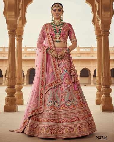 Pink Velvet Embroidered Unstitched Women Bridal Lehenga Choli & Pink Embroidered Net Dupatta