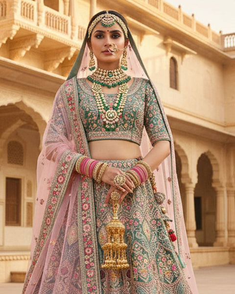 Green Velvet Embroidered Unstitched Women Bridal Lehenga Choli & Pink Embroidered Net Dupatta