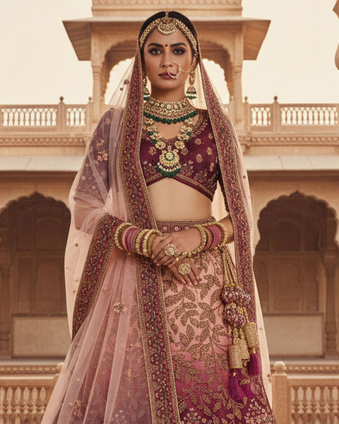 Wine Velvet Embroidered Unstitched Women Bridal Lehenga Choli & Pink Embroidered Net Dupatta