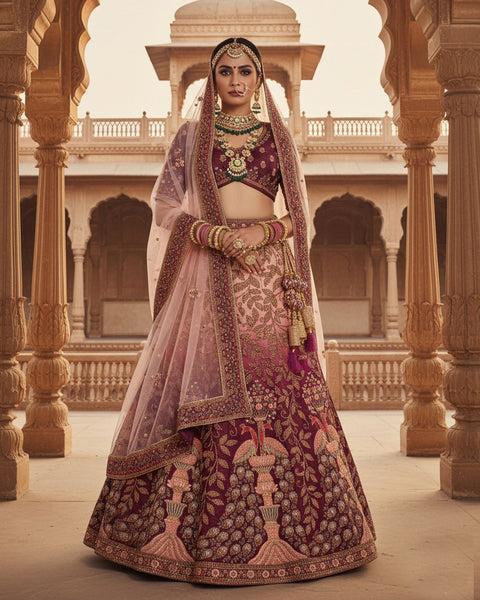 Wine Velvet Embroidered Unstitched Women Bridal Lehenga Choli & Pink Embroidered Net Dupatta