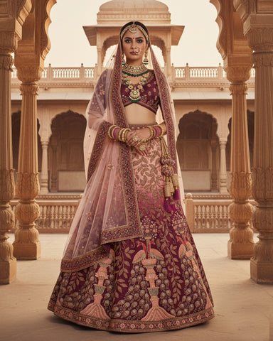Wine Velvet Embroidered Unstitched Women Bridal Lehenga Choli & Pink Embroidered Net Dupatta