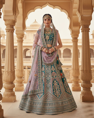 Green Velvet Embroidered Unstitched Women Bridal Lehenga Choli & Pink Embroidered Net Dupatta