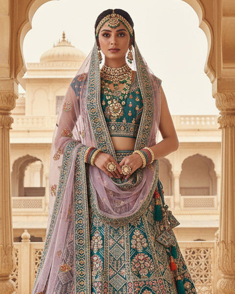 Green Velvet Embroidered Unstitched Women Bridal Lehenga Choli & Pink Embroidered Net Dupatta