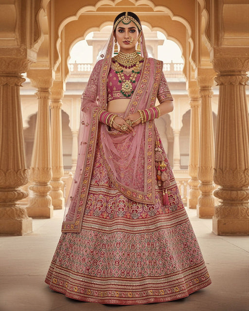Onion Pink Velvet Embroidered Unstitched Women Bridal Lehenga Choli & Embroidered Net Dupatta