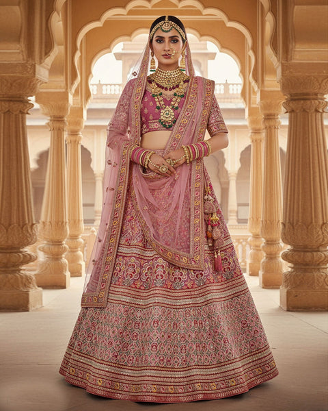Onion Pink Velvet Embroidered Unstitched Women Bridal Lehenga Choli & Embroidered Net Dupatta