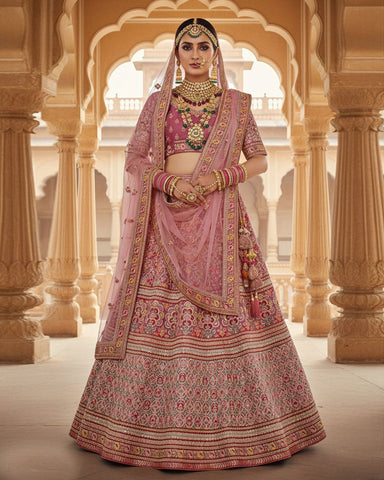 Onion Pink Velvet Embroidered Unstitched Women Bridal Lehenga Choli & Embroidered Net Dupatta