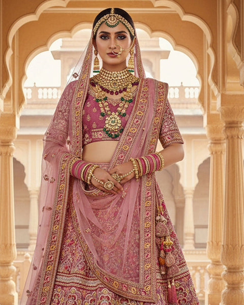 Onion Pink Velvet Embroidered Unstitched Women Bridal Lehenga Choli & Embroidered Net Dupatta