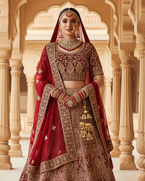 Red Velvet Embroidered Unstitched Women Bridal Lehenga Choli & Embroidered Net Dupatta