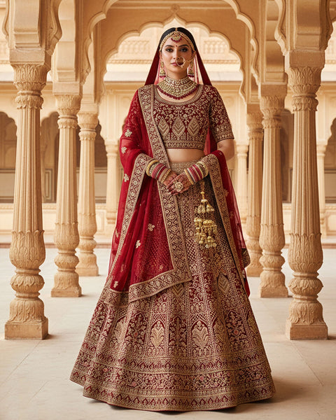 Red Velvet Embroidered Unstitched Women Bridal Lehenga Choli & Embroidered Net Dupatta