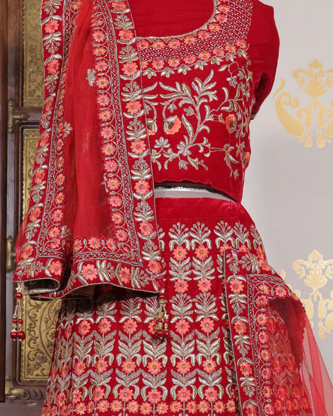 Red Velvet Embroidered Unstitched Women Bridal Lehenga Choli & Embroidered Net Dupatta