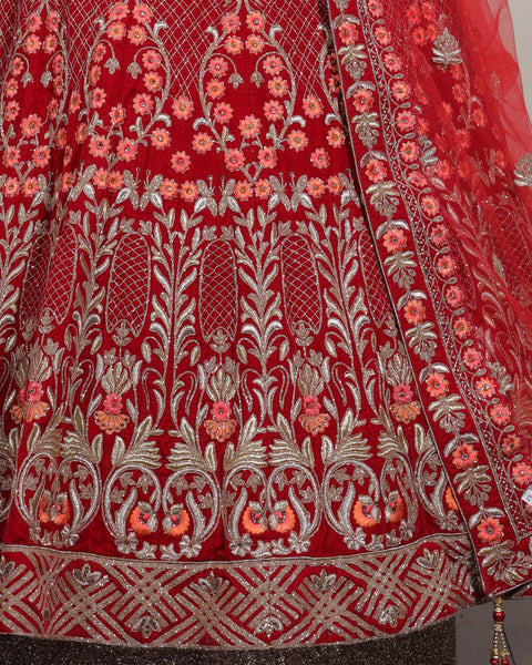 Red Velvet Embroidered Unstitched Women Bridal Lehenga Choli & Embroidered Net Dupatta