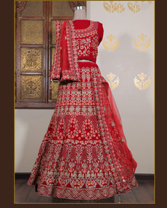 Red Velvet Embroidered Unstitched Women Bridal Lehenga Choli & Embroidered Net Dupatta