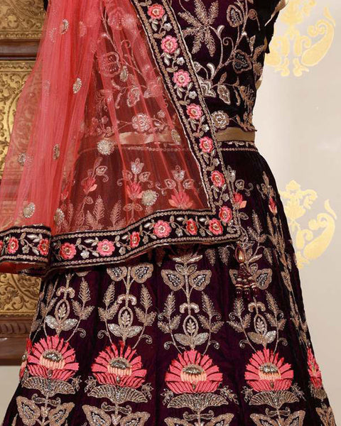 Wine Velvet Embroidered Unstitched Women Bridal Lehenga Choli & Red Embroidered Net Dupatta